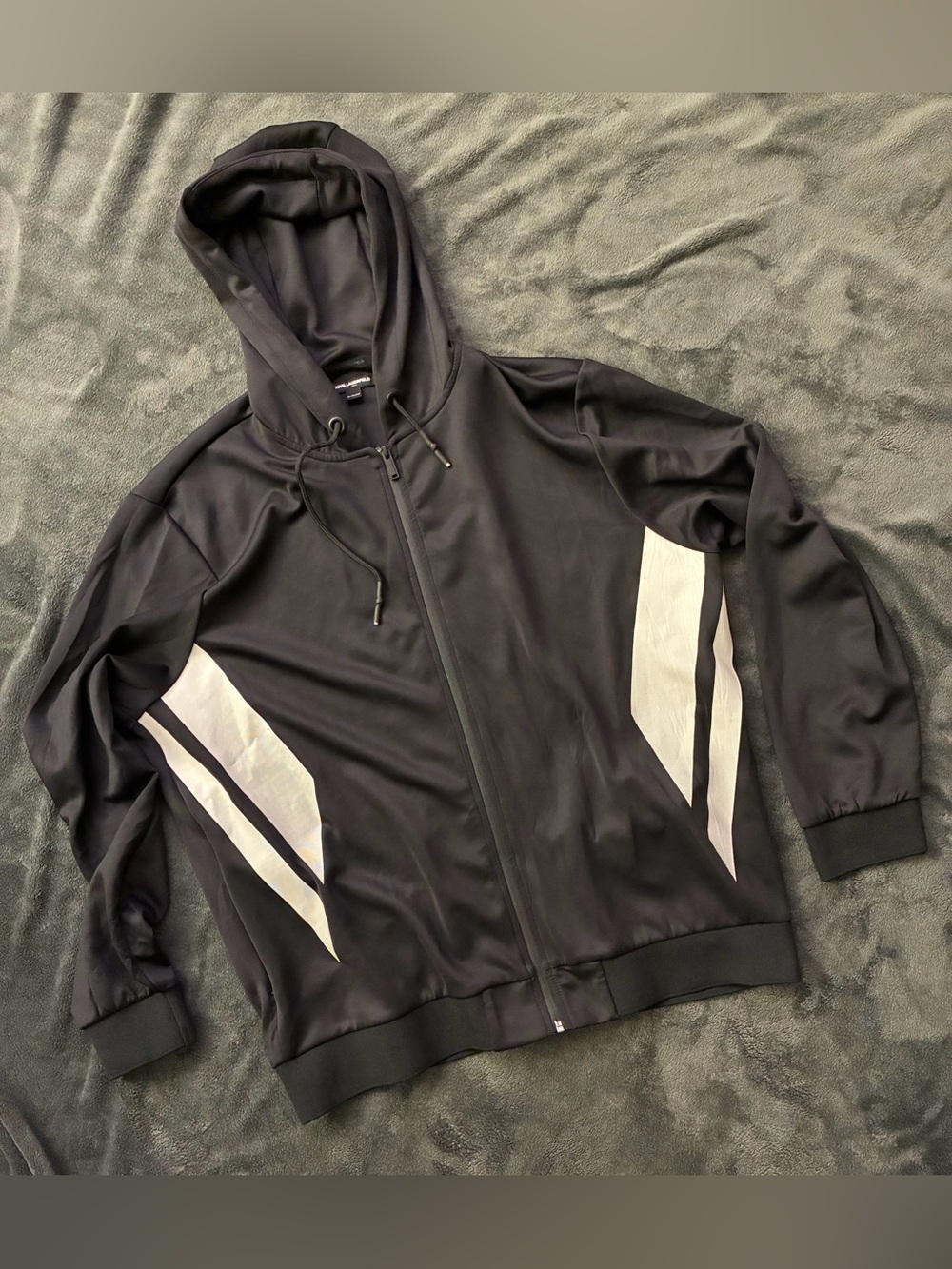 Karl Lagerfeld Black Hooded Track Jacket with White Chevron Panels
